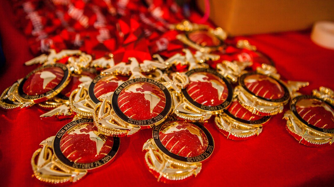 The ruby Eagle, Globe and Anchor medals were given to those who completed the 40th Marine Corps Marathon at Arlington, Virginia, Oct. 25. The medal celebrates the event’s ruby anniversary.