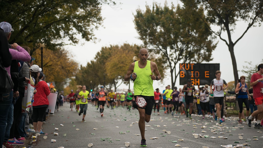 Runners race through Washington during the Marine Corps Marathon, Oct. 25, 2015. More than 30,000 runners dashed 26.2 miles through Washington and Arlington, Virginia, during this year’s race, which marked the 40th running of the “The Peoples Marathon.”
