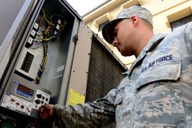 U.S. Air Force Staff Sgt. Aaron Washington, 8th Civil Engineer Squadron heating, ventilation, air conditioning, and refrigeration technician performs a chiller turnoff at a dormitory building for the no heat/no cool program at Kunsan Air Base, Republic of Korea, Oct. 22, 2015. The changeover allows HVAC systems to be evaluated and repaired before the heating season begins. (U.S. Air Force photo by Senior Airman Ashley L. Gardner/Released)