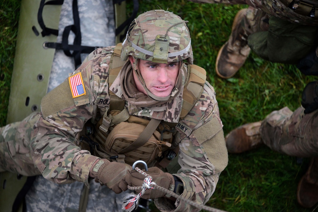 A U.S. soldier participates in the urban casualty evacuation lane during the European Best Squad Competition at the Grafenwoehr Training Area in Bavaria, Germany, Oct. 20, 2015. U.S. Army photo by Gertrud Zach