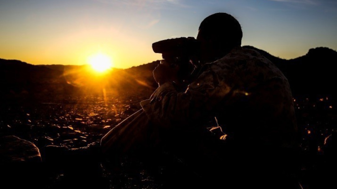 A Marine with 1st Battalion, 8th Marine Regiment sights in before the sniper marksmanship assessment as part of Integrated Training Exercise 1-16 aboard Marine Air Ground Combat Center, Twentynine Palms, Calif., Oct. 24, 2015. During ITX, Marines demonstrate core infantry mission essential tasks while conducting offensive and defensive stability operations. (U.S. Marine Corps photo by Cpl. Immanuel M. Johnson/Released)