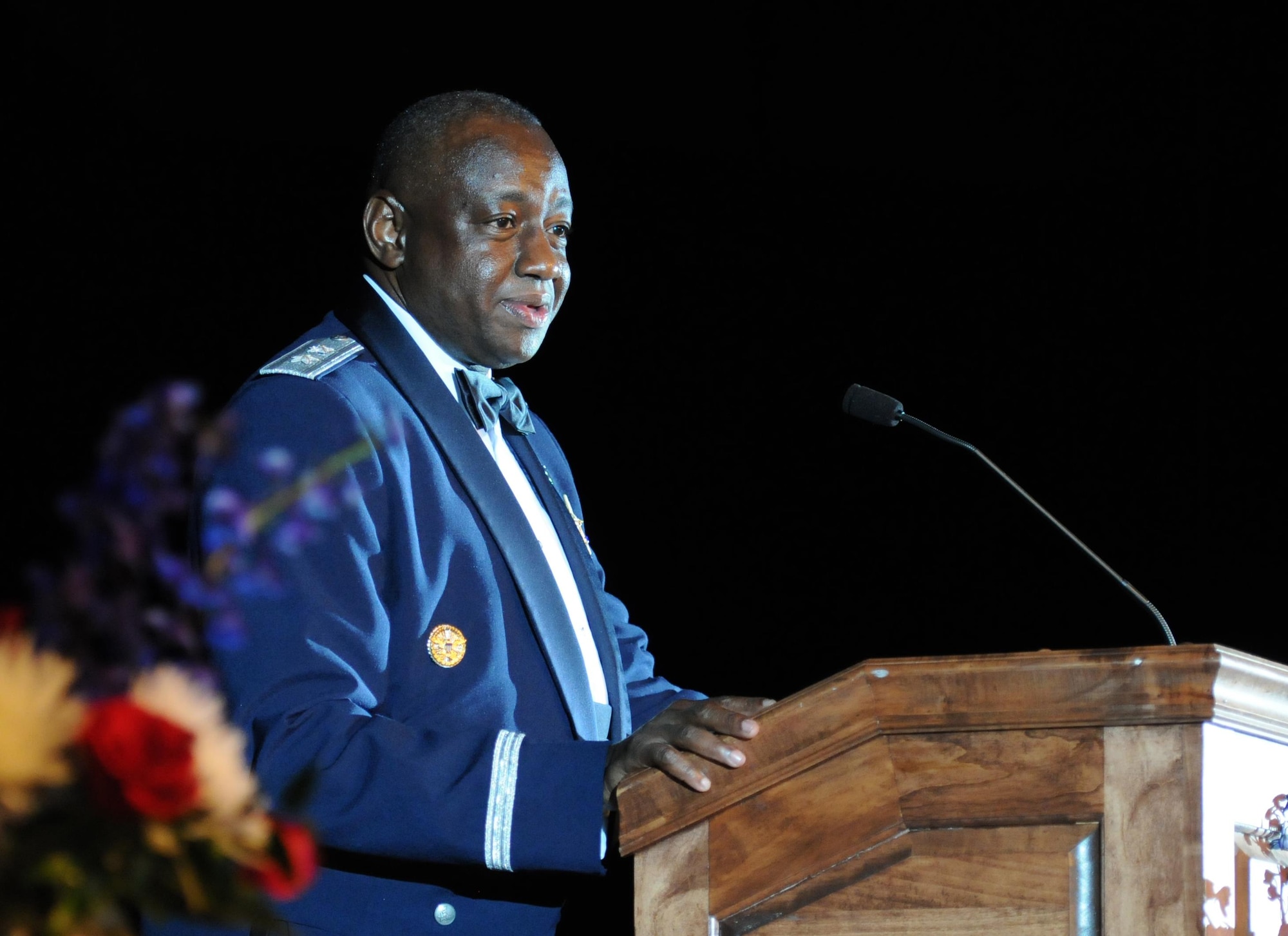 Maj. Gen. Mark Brown, 2nd Air Force commander, Keesler Air Force Base, Miss., delivers remarks during the 37th Annual Salute to the Military at the Mississippi Coast Convention Center, Oct. 20, 2015, Biloxi, Miss. Brown was the guest speaker for the event. The Salute to the Military recognizes the men and women who make up our military along the Gulf Coast.  (U.S. Air Force photo by Kemberly Groue)