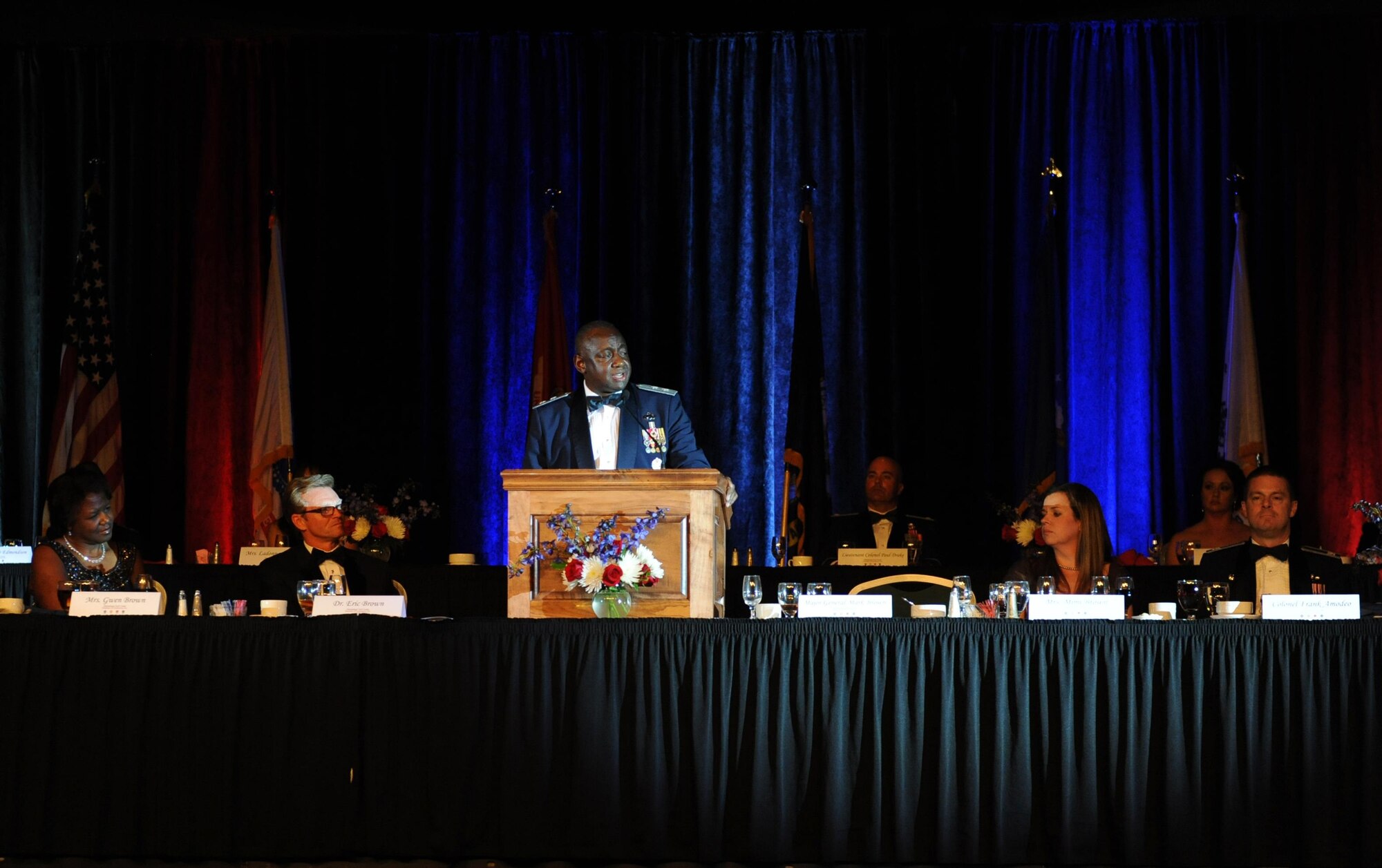 Maj. Gen. Mark Brown, 2nd Air Force commander, Keesler Air Force Base, Miss., delivers remarks during the 37th Annual Salute to the Military at the Mississippi Coast Convention Center, Oct. 20, 2015, Biloxi, Miss. Brown was the guest speaker for the event. The Salute to the Military recognizes the men and women who make up our military along the Gulf Coast. (U.S. Air Force photo by Kemberly Groue)