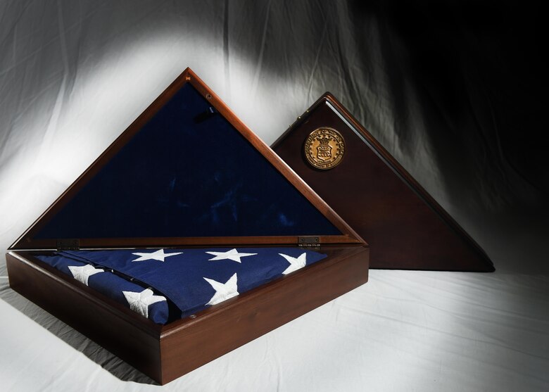 ALTUS AIR FORCE BASE, Okla. – A United States flag sits in a U.S. Air Force display case, Oct. 22, 2015. The U.S. flag is presented to the next of kin of a deceased Airman during military honors as a symbol of appreciation for their service.