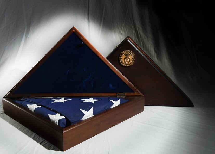 ALTUS AIR FORCE BASE, Okla. – A United States flag sits in a U.S. Air Force display case, Oct. 22, 2015. The U.S. flag is presented to the next of kin of a deceased Airman during military honors as a symbol of appreciation for their service.