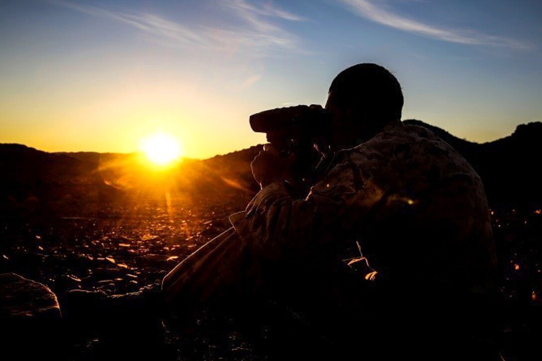 A Marine sights in before sniper marksmanship assessment during Integrated Training Exercise 1-16 on Marine Air Ground Combat Center, Twentynine Palms, Calif., Oct. 24, 2015. The Marine is assigned to the 1st Battalion, 8th Marine Regiment. During the training, Marines demonstrate infantry tasks while conducting offensive and defensive stability operations. U.S. Marine Corps photo by Cpl. Immanuel M. Johnson
