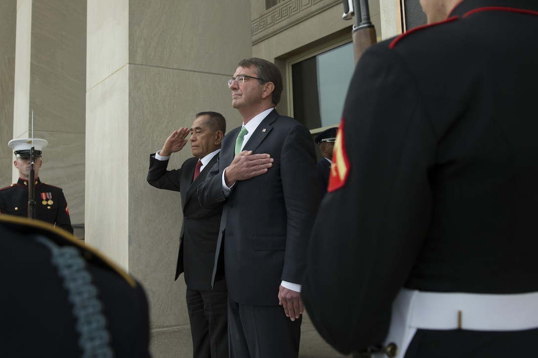 U.S. Defense Secretary Ash Carter and Indonesian Defense Minister Ryamizard Ryacudu render honors during an honor cordon at the Pentagon, Oct. 26, 2015. The two leaders met to discuss matters of mutual importance and to sign the Joint Statement on Comprehensive Defense Cooperation. DoD photo by U.S. Air Force Senior Master Sgt. Adrian Cadiz