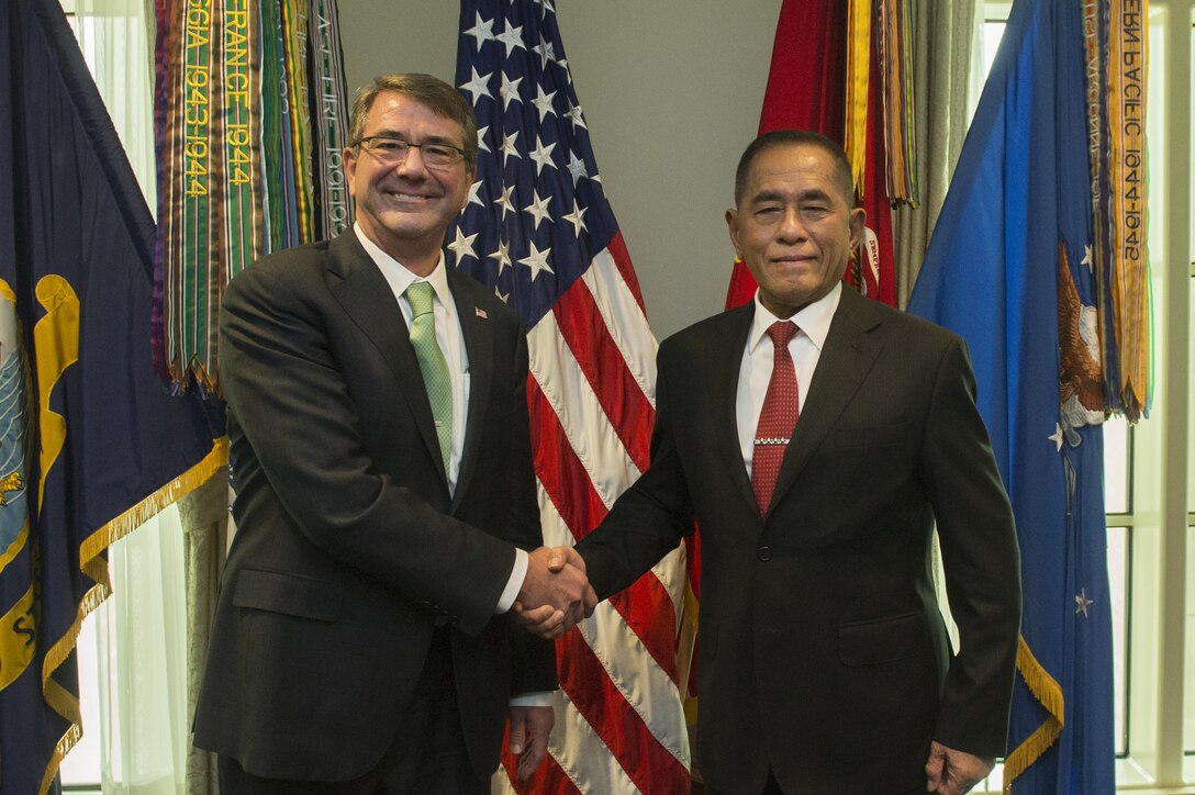 U.S. Defense Secretary Ash Carter and Indonesian Defense Minister  Ryamizard Ryacudu pose for a photograph at the Pentagon, Oct. 26, 2015. The two leaders met to discuss matters of mutual importance and to sign the Joint Statement on Comprehensive Defense Cooperation. DoD photo by U.S. Air Force Senior Master Sgt. Adrian Cadiz