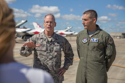 Brig. Gen. Bob Labrutta,502nd Air Base Wing and Joint Base San Antonio commander and Col. Mathew Isler, 12th Flying Training Wing commander, answer questions from the media at Joint Base San Antonio-Randolph prior to the 2015 Joint Base San Antonio Air Show and Open House Oct. 26, 2015.  Air shows allow the Air Force to display the capabilities of our aircraft to the American taxpayer through aerial demonstrations and static displays.  Randolph’s air show allowed attendees to get up close and personal to see some of the equipment and aircraft used by the U.S. military today.