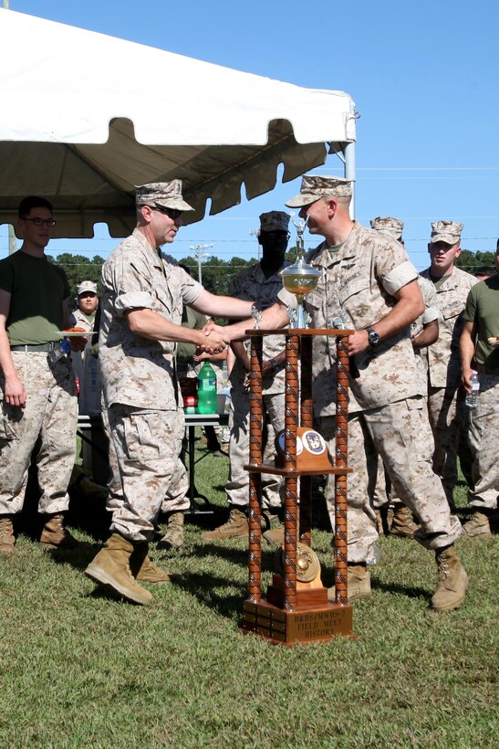 Lt. Col. Jeremy L. Gettings, left, shakes the hand of Lt. Col. William Delorenzo during the semi-annual field meet between Headquarters and Headquarters Squadron and Marine Wing Headquarters Squadron 2 at Marine Corps Air Station Cherry Point, N.C., Oct. 23, 2015. Marines with H&HS and MWHS-2 went head-to-head in a tug-of-war, a 7-ton pull, relay races and other events to build teamwork and camaraderie. Gettings is the commanding officer of H&HS and Delorenzo is the commanding officer of MWHS-2. (U.S. Marine Corps photo by Lance Cpl. Jason Jimenez/Released)