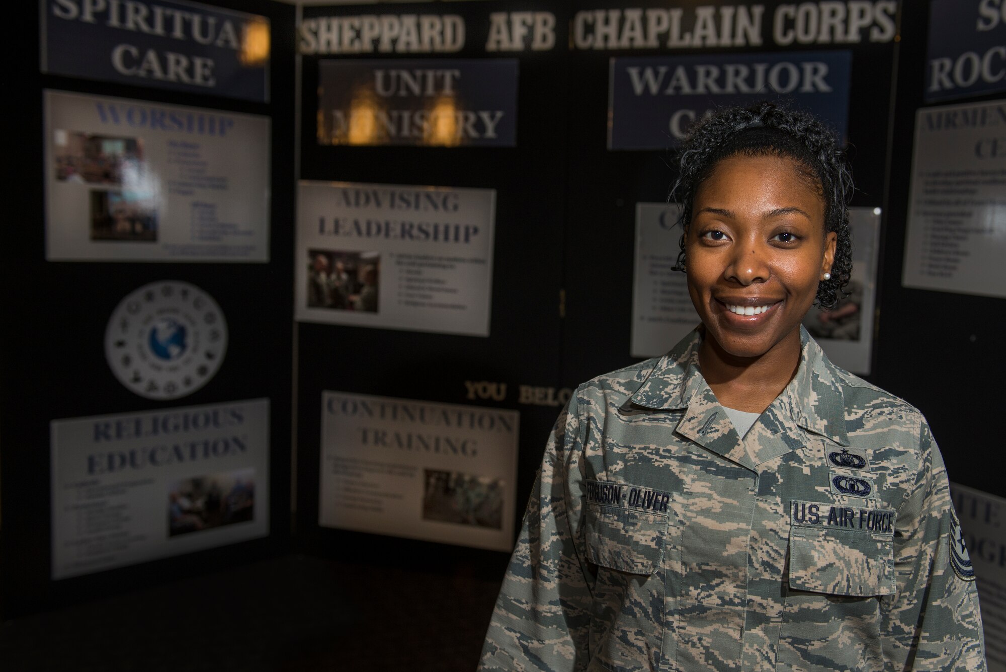 Tech. Sgt. Samantha Ferguson-Oliver, 82nd Training Wing NCO in-charge of chapel resource management and native of Fayetteville, N.C., has been in the Air Force for 12 years and is the Support Airman of the Week at Sheppard Air Force Base, Texas, for the week of Oct. 20-26, 2015. Ferguson-Oliver is responsible for managing a $220,000 budget, eight contracts and three government purchase card accounts. (U.S. Air Force photo/Senior Airman Kyle Gese)