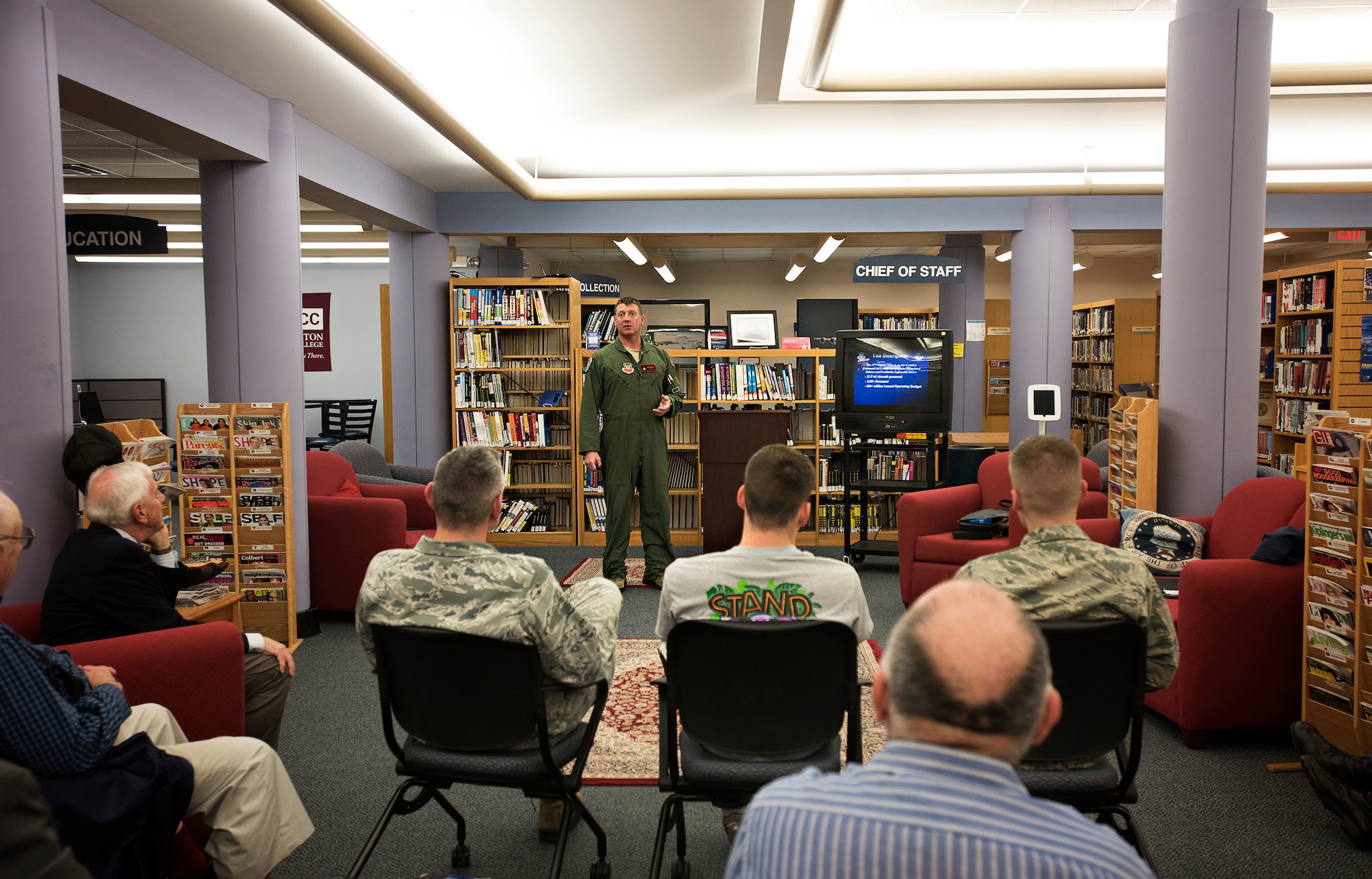 Air Force Col. Bradford Everman, 177th Operations Group commander, discusses the role of the 177th Fighter Wing out of Atlantic City, New Jersey, during the Cold War as part of a presentation Oct. 15, 2015 at the library, Joint Base McGuire-Dix-Lakehurst, New Jersey. The presentation was part of a series of informational seminars discussing local military history. (U.S. Air Force photo by Staff Sgt. Katherine Tereyama)