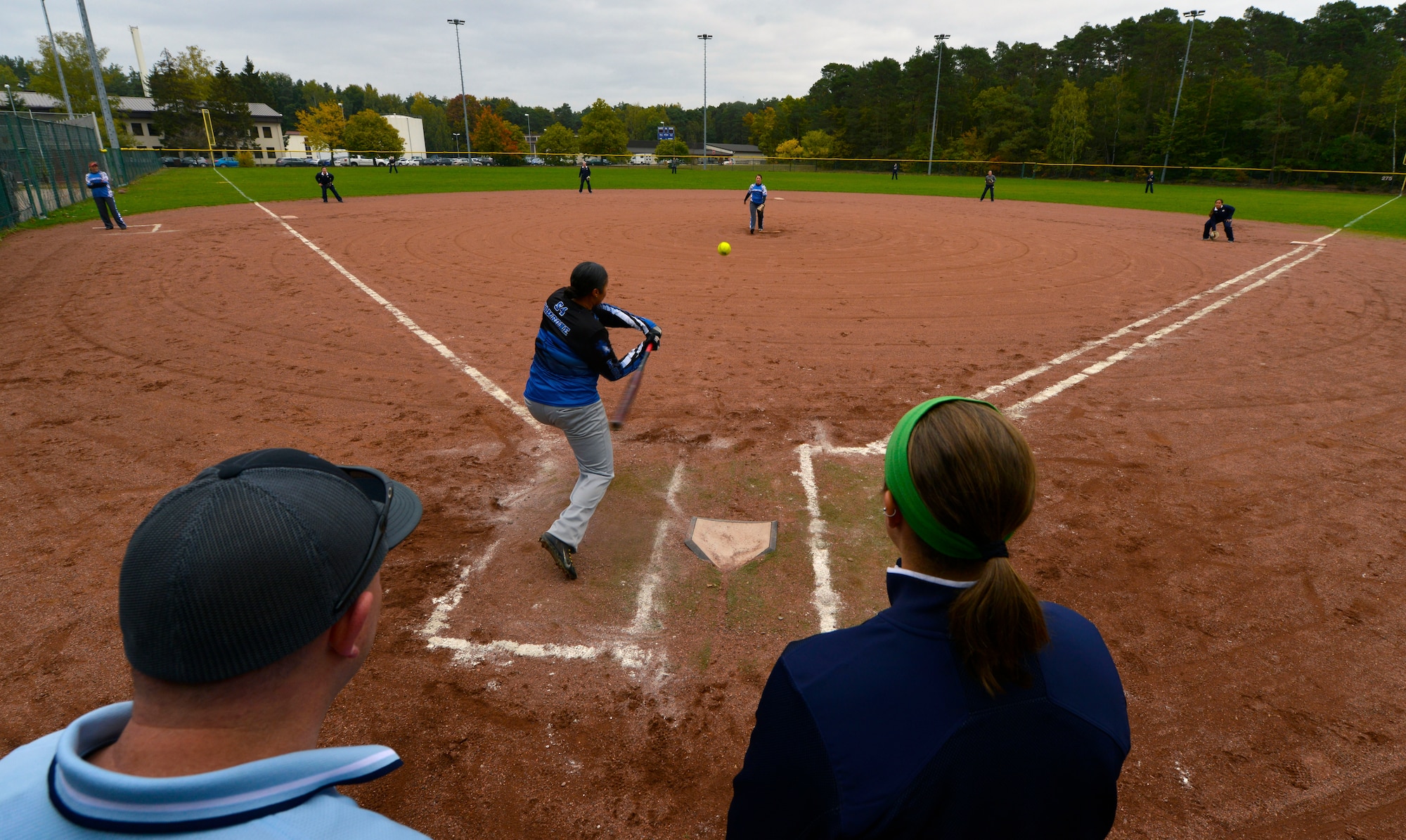 Members of the Ramstein Air Base Lady Rams softball team compete against University of Notre Dame softball players during a scrimmage Oct. 21, 2015, at Ramstein Air Base, Germany. The scrimmage was part of the Notre Dame softball team’s base visit during their 10-day European tour. The Lady Rams defeated Notre Dame by a score of 11-7. (U.S. Air Force photo/Staff Sgt. Sharida Jackson)