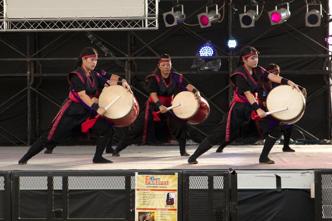 Eisa group Ninu-fa Daiko perform during Kinser Festival Oct. 24 aboard Camp Kinser, Okinawa, Japan. The festival was a two-day, open-gate event offered on Oct. 24 and 25, allowing Okinawa residents to attend. The festival was an opportunity for Status of Forces Agreement personnel and Okinawa residents to experience each other’s cultures with carnival games, talented entertainment, such as headliner Vanessa Carlton, and various military equipment on display.
