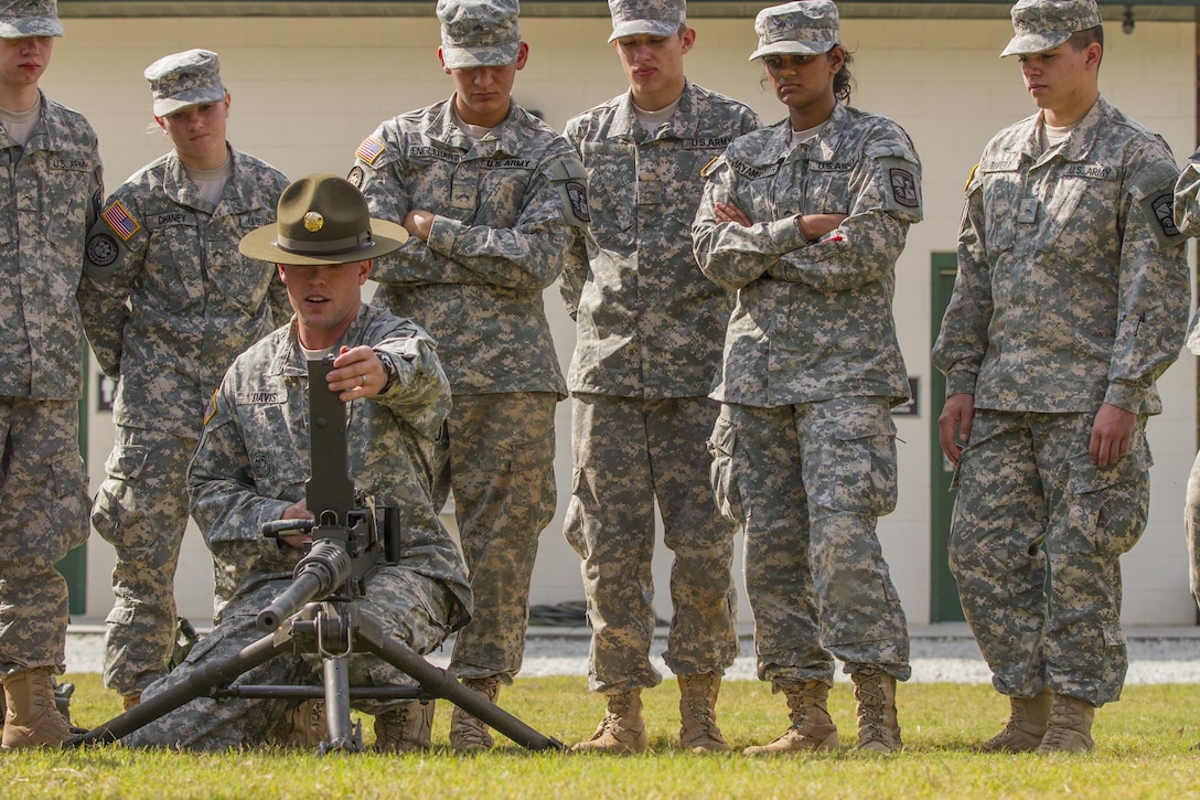 Army Reserve drill sergeant, Sgt. Larry Davis, of Greer, S.C., who is in 1st Bn., 518th Inf. Reg., 2nd Bde., 98th Training Div. (IET), teaches a group of Clemson University Reserve Officer Training Corps cadets how to operate a Browning M2 .50 caliber machine gun as part of a leadership training exercise conducted by the Clemson ROTC and a contingent of 20 personnel from the 108th Training Command (IET), Oct. 24, 2015. (U.S. Army photo by Sgt. Ken Scar)