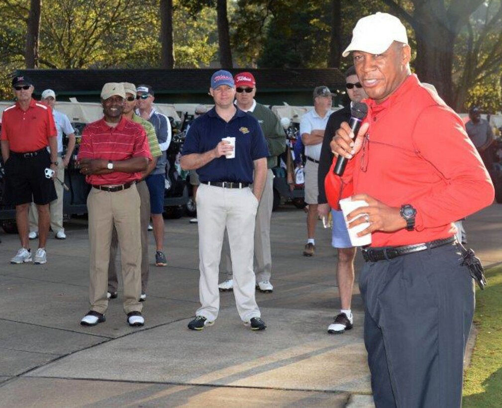 Maj. Gen. Craig C. Crenshaw, commanding general, Marine Corps Logistics Command, speaks during the Albany Area Chamber of Commerce's Military Affairs Committee's bi-annual Salty Sandbagger Golf Tournament at Doublegate Country Club, Albany, Ga., Oct. 22.  The tournament is designed to build relationships and camaraderie between military and community leaders with a little friendly competition on the golf course.  The chamber retained ownership of the trophy by winning the tournament , 20.5 to 15.5.