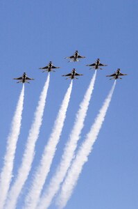 The U.S. Air Force Aerial Demonstration Squadron “Thunderbirds” practice performing F-16 acrobatic maneuvers Oct. 26, 2015 at Joint Base San Antonio-Randolph, Texas. The Thunderbirds team members arrived in preparation for the 2015 JBSA-Randolph Air Show and Open House to be held Oct. 31 and Nov. 1.  Air shows allow the Air Force to display the capabilities of our aircraft to the American taxpayer through aerial demonstrations and static displays and allowing attendees to get up close and personal to see some of the equipment and aircraft used by the U.S. military today.  (U.S. Air Force photo by Johnny Saldivar/Released)