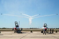 The U.S. Air Force Aerial Demonstration Squadron “Thunderbirds” practice performing F-16 acrobatic maneuvers Oct. 26, 2015 at Joint Base San Antonio-Randolph, Texas. The Thunderbirds team members arrived in preparation for the 2015 JBSA-Randolph Air Show and Open House to be held Oct. 31 and Nov. 1.  Air shows allow the Air Force to display the capabilities of our aircraft to the American taxpayer through aerial demonstrations and static displays and allowing attendees to get up close and personal to see some of the equipment and aircraft used by the U.S. military today.  (U.S. Air Force photo by Johnny Saldivar/Released)