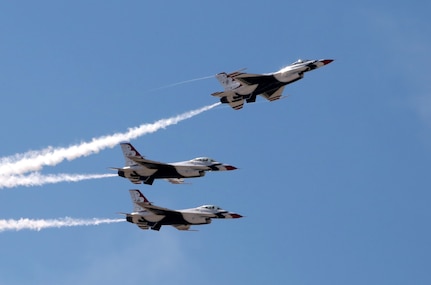 The U.S. Air Force Aerial Demonstration Squadron “Thunderbirds” practice performing F-16 acrobatic maneuvers Oct. 26, 2015 at Joint Base San Antonio-Randolph, Texas. The Thunderbirds team members arrived in preparation for the 2015 JBSA-Randolph Air Show and Open House to be held Oct. 31 and Nov. 1.  Air shows allow the Air Force to display the capabilities of our aircraft to the American taxpayer through aerial demonstrations and static displays and allowing attendees to get up close and personal to see some of the equipment and aircraft used by the U.S. military today.  (U.S. Air Force photo by Johnny Saldivar/Released)