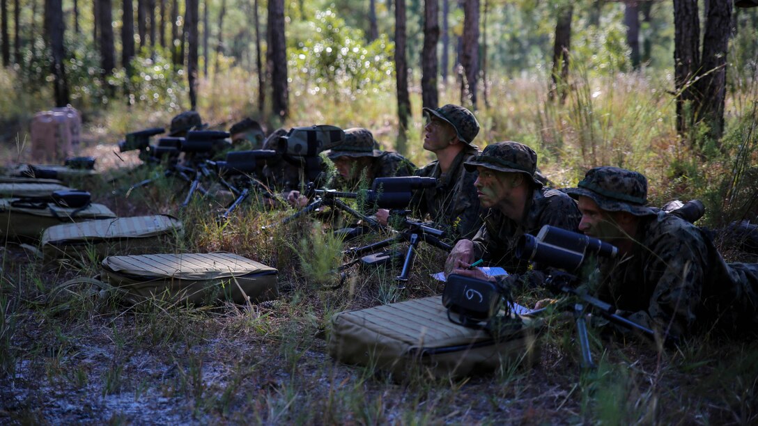 Marine candidates with 2nd Battalion, 8th Marine Regiment, look through spotting scopes as part of the Scout Sniper Platoon screening at Marine Corps Base Camp Lejeune, North Carolina, Oct. 23, 2015. Following their field operation, candidates took their final written test and conducted an interview with their instructors. 