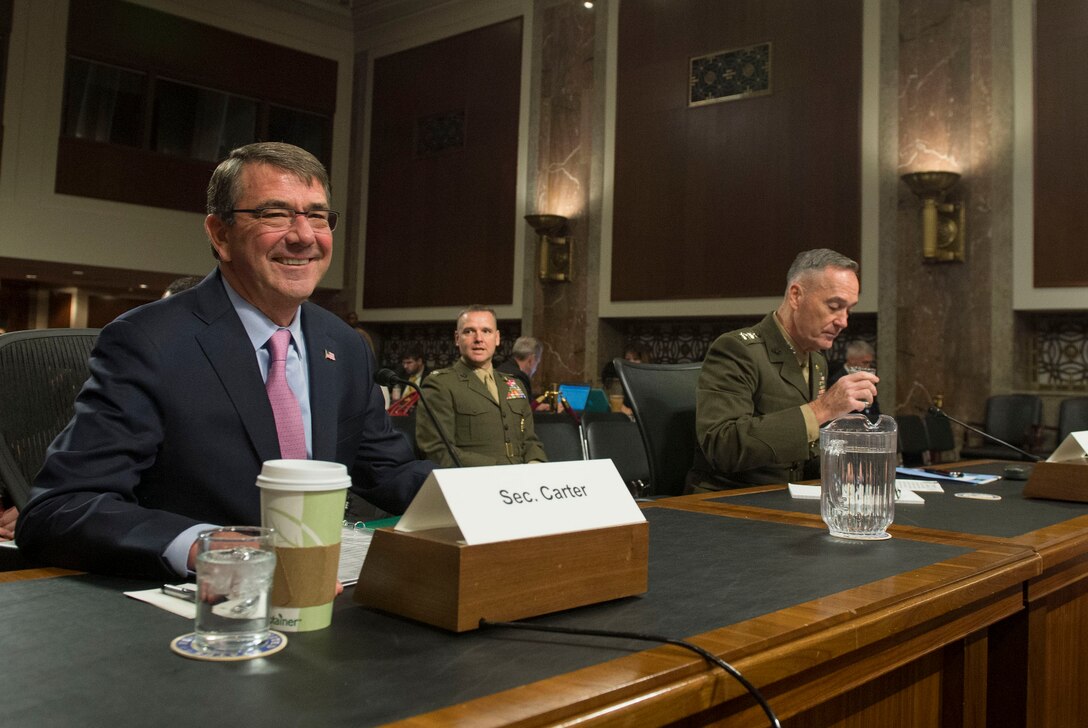 Defense Secretary Ash Carter, left, and Marine Corps Gen. Joseph F. Dunford Jr., chairman of the Joint Chiefs of Staff, arrive to testify on U.S. military strategy in the Middle East before the Senate Armed Services Committee in Washington, D.C., Oct. 27, 2015. DoD photo by Air Force Senior Master Sgt. Adrian Cadiz