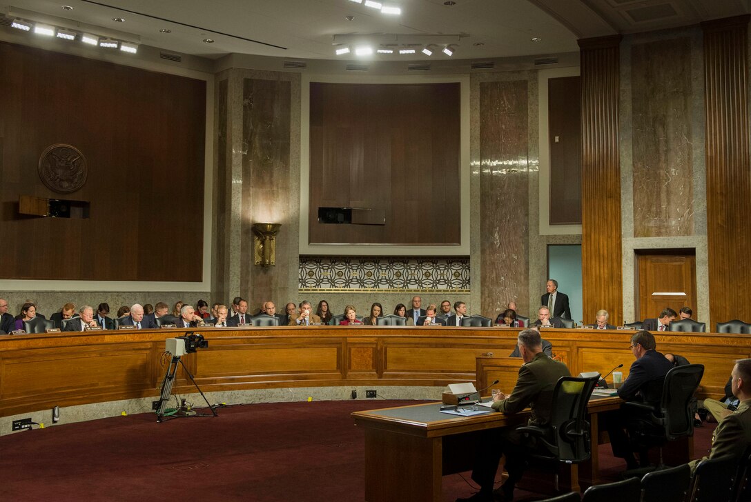 Defense Secretary Ash Carter, foreground right, and Marine Corps Gen. Joseph F. Dunford Jr., chairman of the Joint Chiefs of Staff, testify on U.S. military strategy in the Middle East before the Senate Armed Services Committee in Washington, D.C., Oct. 27, 2015. DoD photo by Air Force Senior Master Sgt. Adrian Cadiz