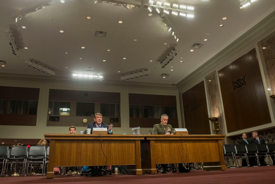 Defense Secretary Ash Carter and Marine Corps Gen. Joseph F. Dunford Jr., chairman of the Joint Chiefs of Staff, testify on U.S. military strategy in the Middle East before the Senate Armed Services Committee in Washington, D.C., Oct. 27, 2015. DoD photo by Air Force Senior Master Sgt. Adrian Cadiz