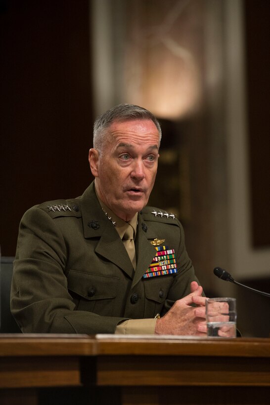 Marine Corps Gen. Joseph F. Dunford Jr., chairman of the Joint Chiefs of Staff, testifies on U.S. military strategy in the Middle East before the Senate Armed Services Committee in Washington, D.C., Oct. 27, 2015. DoD photo by Air Force Senior Master Sgt. Adrian Cadiz