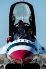 Maj. Tyler Ellison, U.S. Air Force Air Demonstration Squadron “Thunderbirds” operations officer, opens the canopy of his F-16 Fighting Falcon Oct. 27, 2015 at Joint Base San Antonio-Randolph, Texas. The Thuderbirds perform aerial demonstrations to highlight the unique capabilities of American military services, while showcasing the world’s most technologically advanced air and space force capabilities.
