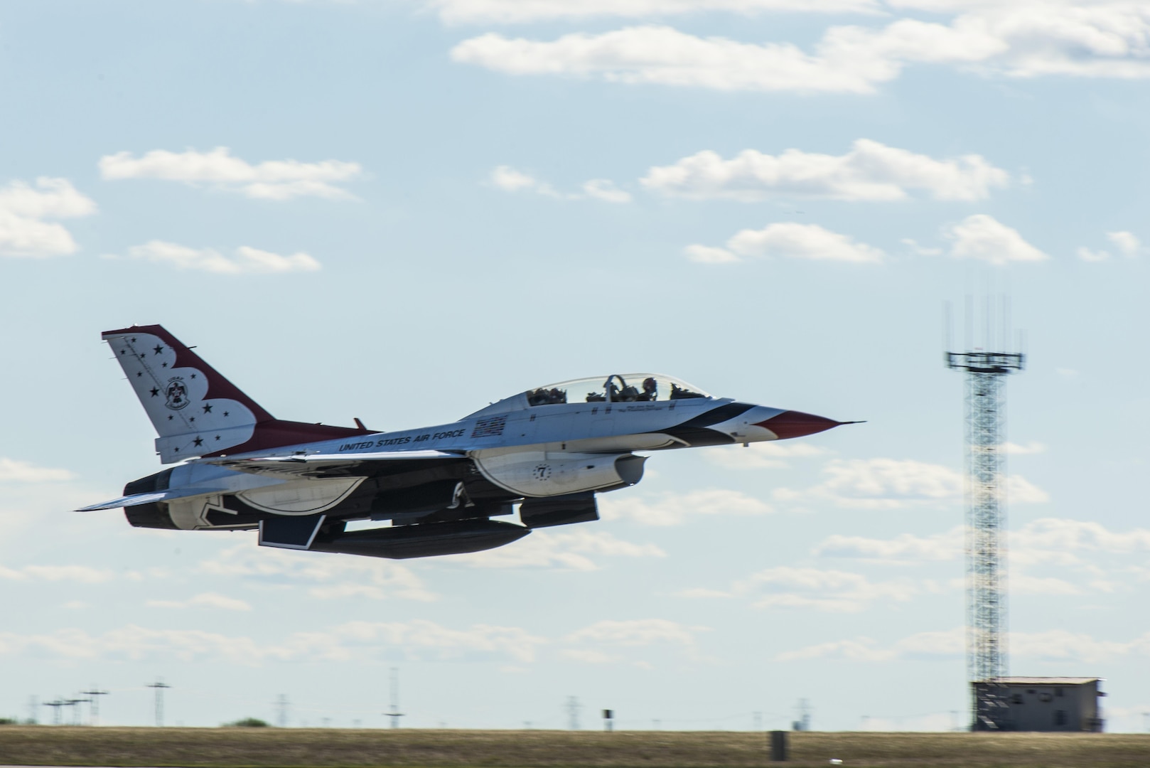 Maj. Tyler Ellison, U.S. Air Force Air Demonstration Squadron “Thunderbirds” operations officer takes off from Joint Base San Antonio-Randolph Oct. 26, 2015. The Thunderbirds perform for people all around the world, combining years of training and experience with an attitude of excellence to showcase what the Air Force is all about.