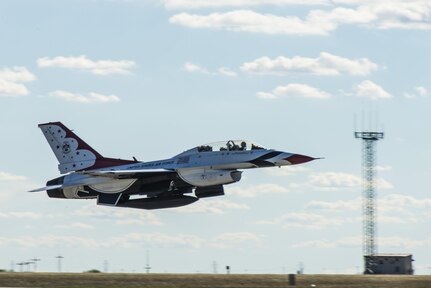 Maj. Tyler Ellison, U.S. Air Force Air Demonstration Squadron “Thunderbirds” operations officer takes off from Joint Base San Antonio-Randolph Oct. 26, 2015. The Thunderbirds perform for people all around the world, combining years of training and experience with an attitude of excellence to showcase what the Air Force is all about.