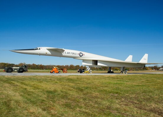 Restoration crews wash the North American XB-70 Valkyrie prior to its move to the new fourth building at the National Museum of the U.S. Air Force on Oct. 26, 2015. (U.S. Air Force photo by Ken LaRock)