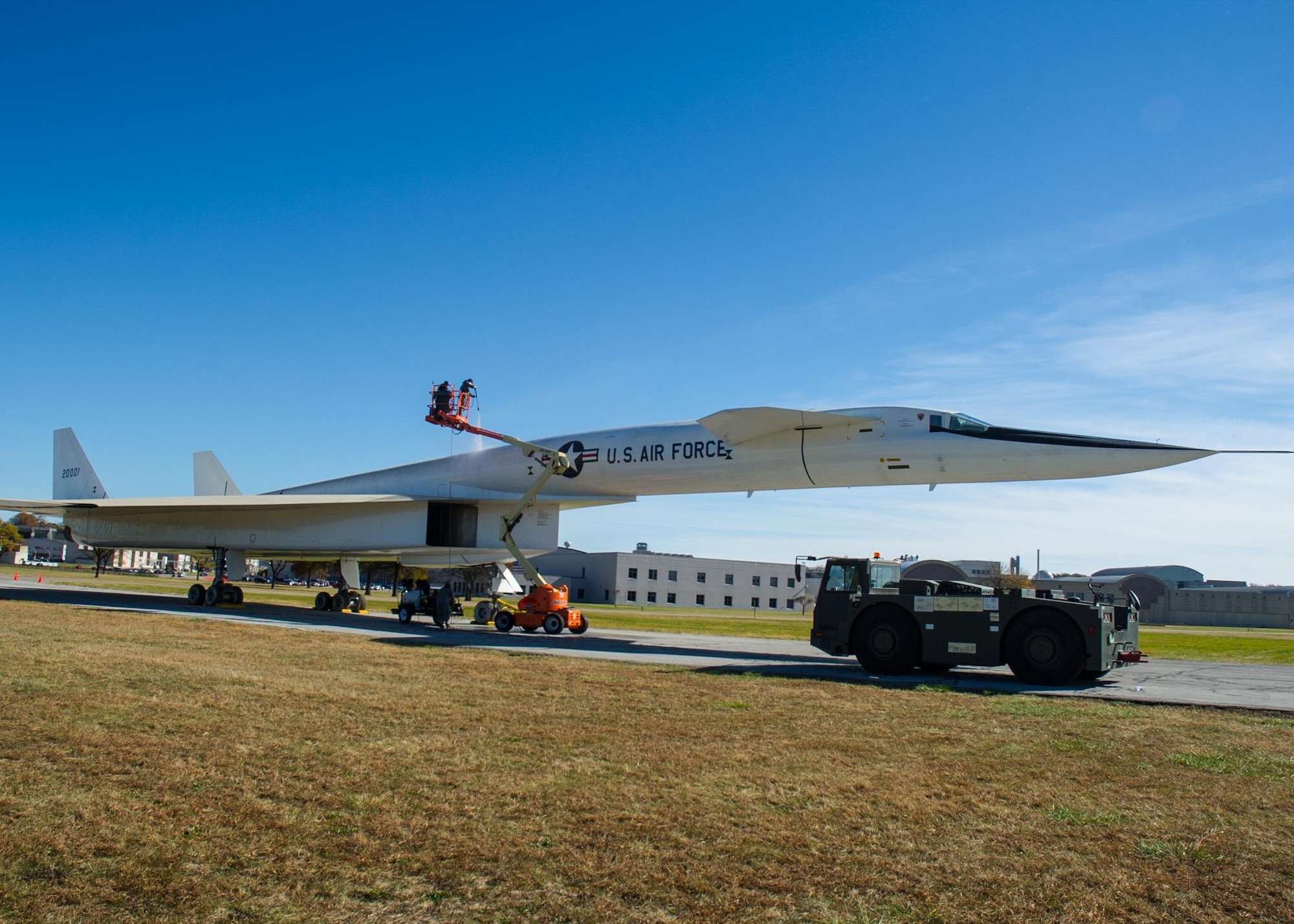 Restoration crews wash the North American XB-70 Valkyrie prior to its move to the new fourth building at the National Museum of the U.S. Air Force on Oct. 26, 2015. (U.S. Air Force photo by Ken LaRock)