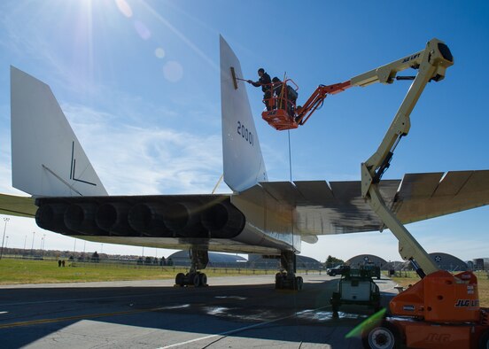 Restoration crews wash the North American XB-70 Valkyrie prior to its move to the new fourth building at the National Museum of the U.S. Air Force on Oct. 26, 2015. (U.S. Air Force photo by Ken LaRock)