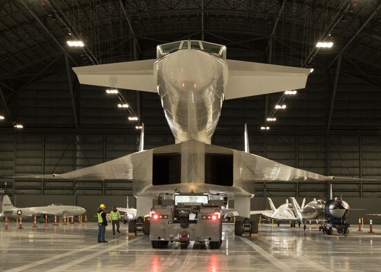 Restoration staff move the North American XB-70 Valkyrie into the new fourth building at the National Museum of the U.S. Air Force on Oct. 27, 2015. (U.S. Air Force photo by Don Popp)