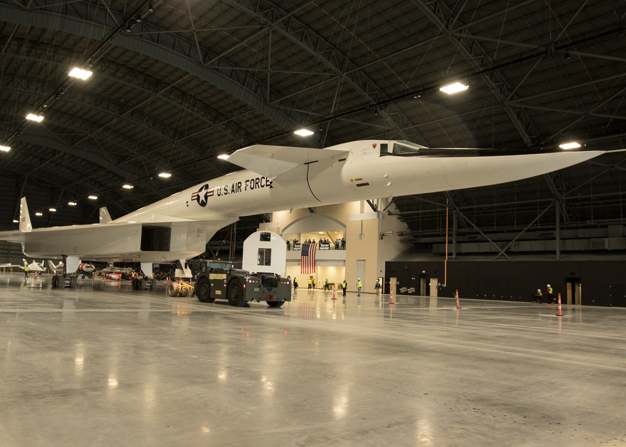 Restoration staff move the North American XB-70 Valkyrie into the new fourth building at the National Museum of the U.S. Air Force on Oct. 27, 2015. (U.S. Air Force photo by Don Popp)