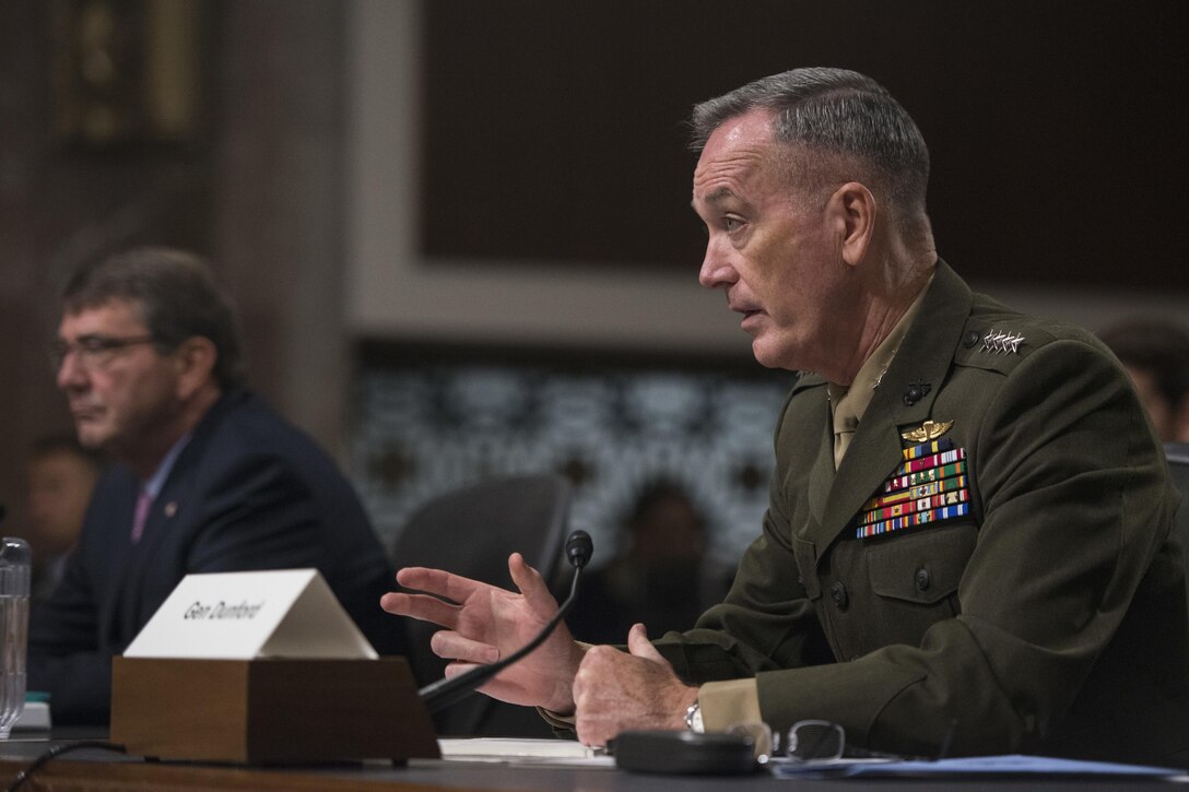 Marine Corps Gen. Joseph F. Dunford Jr., chairman of the Joint Chiefs of Staff, testifies before the Senate Armed Services in Washington, D.C., Oct. 27, 2015. DoD photo by U.S. Navy Petty Officer 2nd Class Dominique A. Pineiro