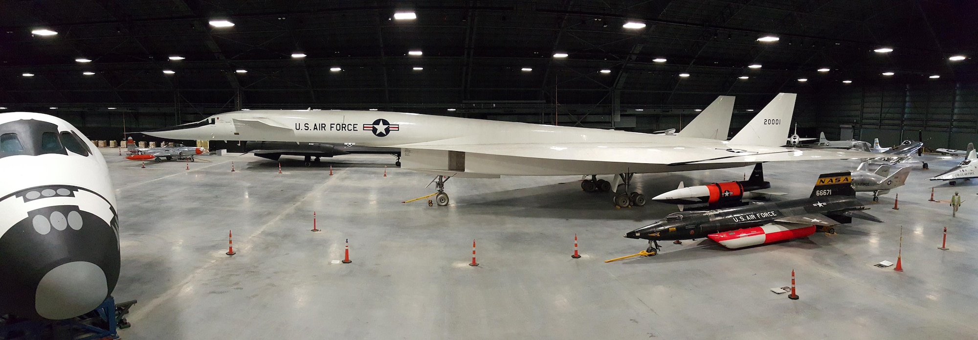Restoration staff move the North American XB-70 Valkyrie into the new fourth building at the National Museum of the U.S. Air Force on Oct. 27, 2015. This photo shows the current view from the balcony of the fourth building. (U.S. Air Force photo by Doug Lantry)