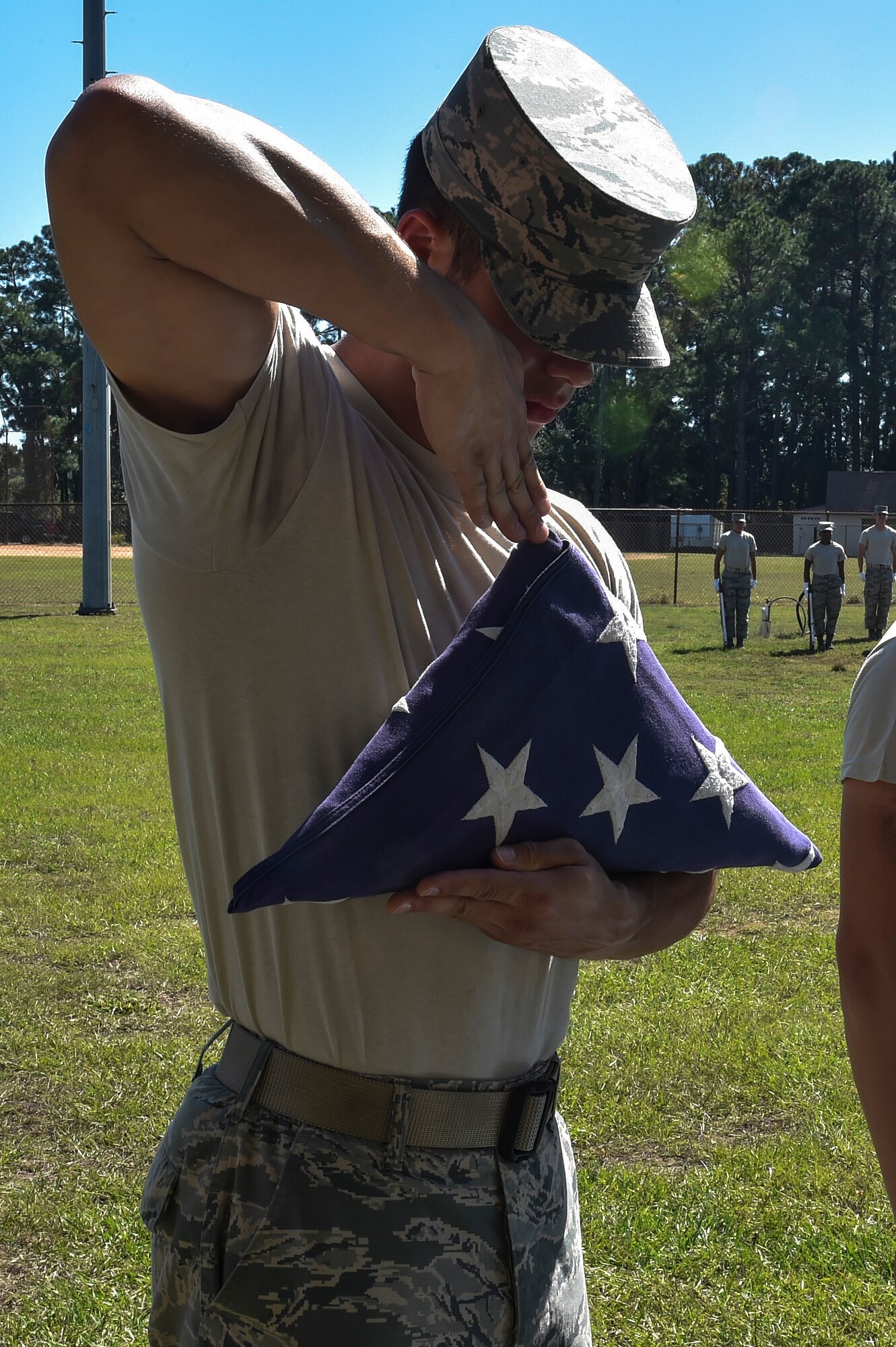 Airman 1st Class Christopher Cavassa, Eglin Air Force Base Honor Guard member, trains on ceremonial flag folding at Hurlburt Field, Fla., Oct. 15, 2015. Base honor guard members from Hurlburt Field, Eglin Air Force Base and Tyndall AFB, Fla., received training from the U.S. Air Force Honor Guard’s mobile training team from Bolling AFB, Washington, D.C. (U.S. Air Force photo by Senior Airman Jeff Parkinson)
