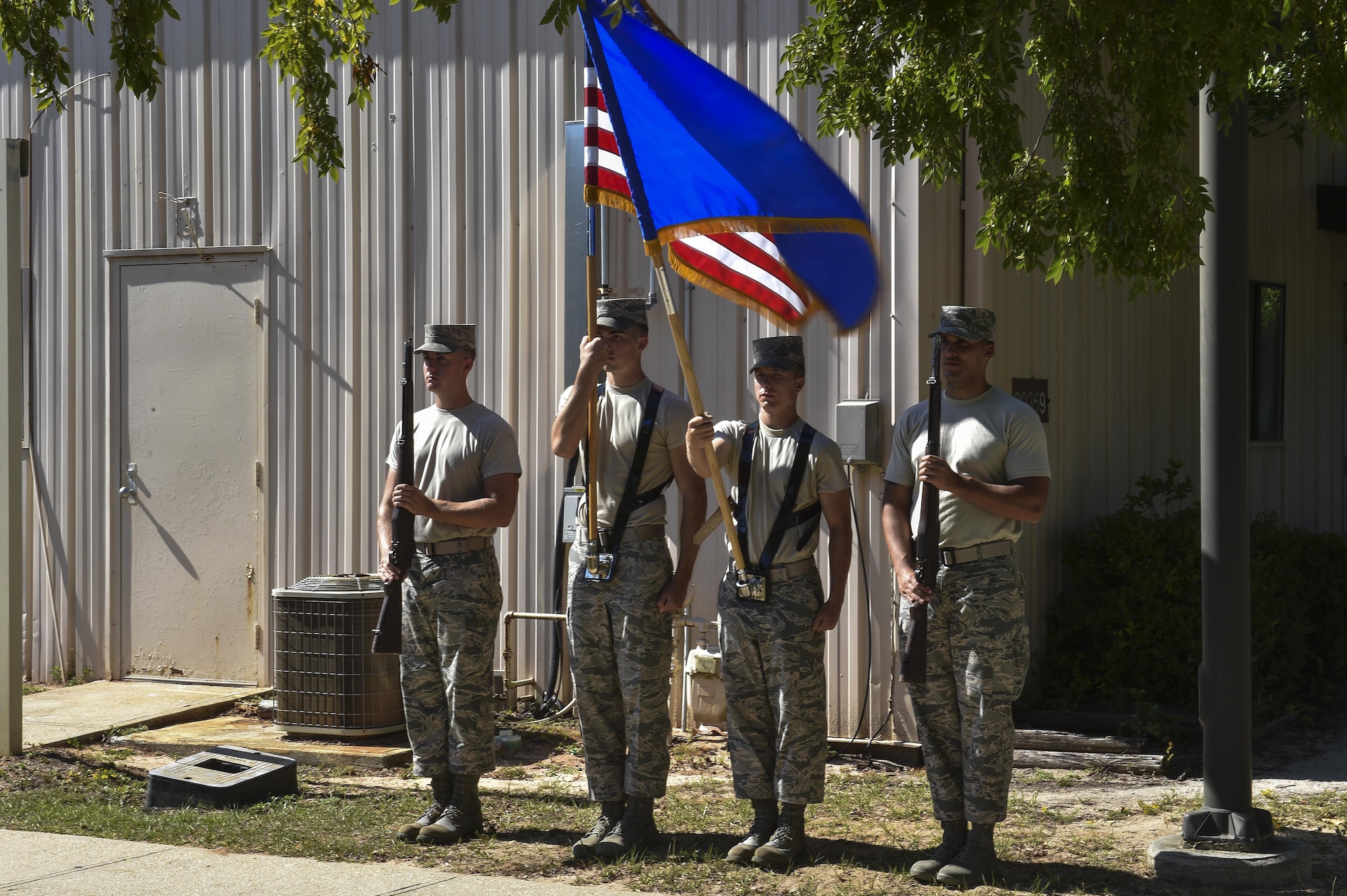 Base honor guard members learn proper flag presentation techniques during training at Hurlburt Field, Fla., Oct. 15, 2015. The U.S. Air Force Honor Guard mobile training team from Bolling Air Force Base, Washington, D.C., came to Hurlburt Field to teach a seven-day course on standardized basic protocol, honors and ceremony procedures. (U.S. Air Force photo by Senior Airman Jeff Parkinson)
