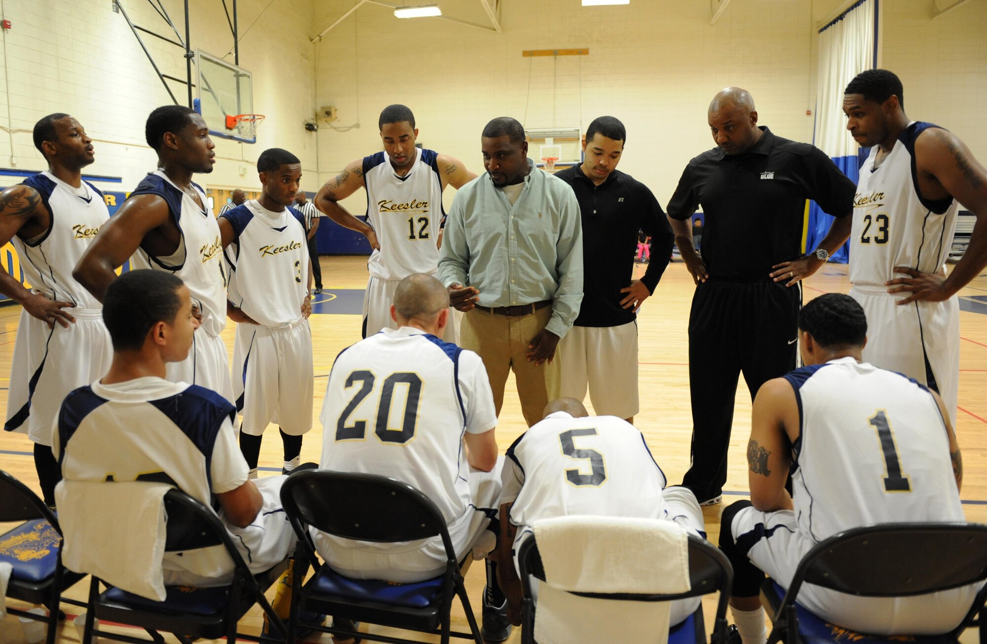 Retired Air Force Senior Master Sgt. Stephen Harris, Keesler Men’s Varsity Basketball Team head coach, goes over game strategies with his team during a men’s varsity basketball game against Eglin Air Force Base, Fla., Oct. 24, 2015, Keesler Air Force Base, Miss. Keesler defeated Eglin, 90-87. (U.S. Air Force photo by Kemberly Groue)