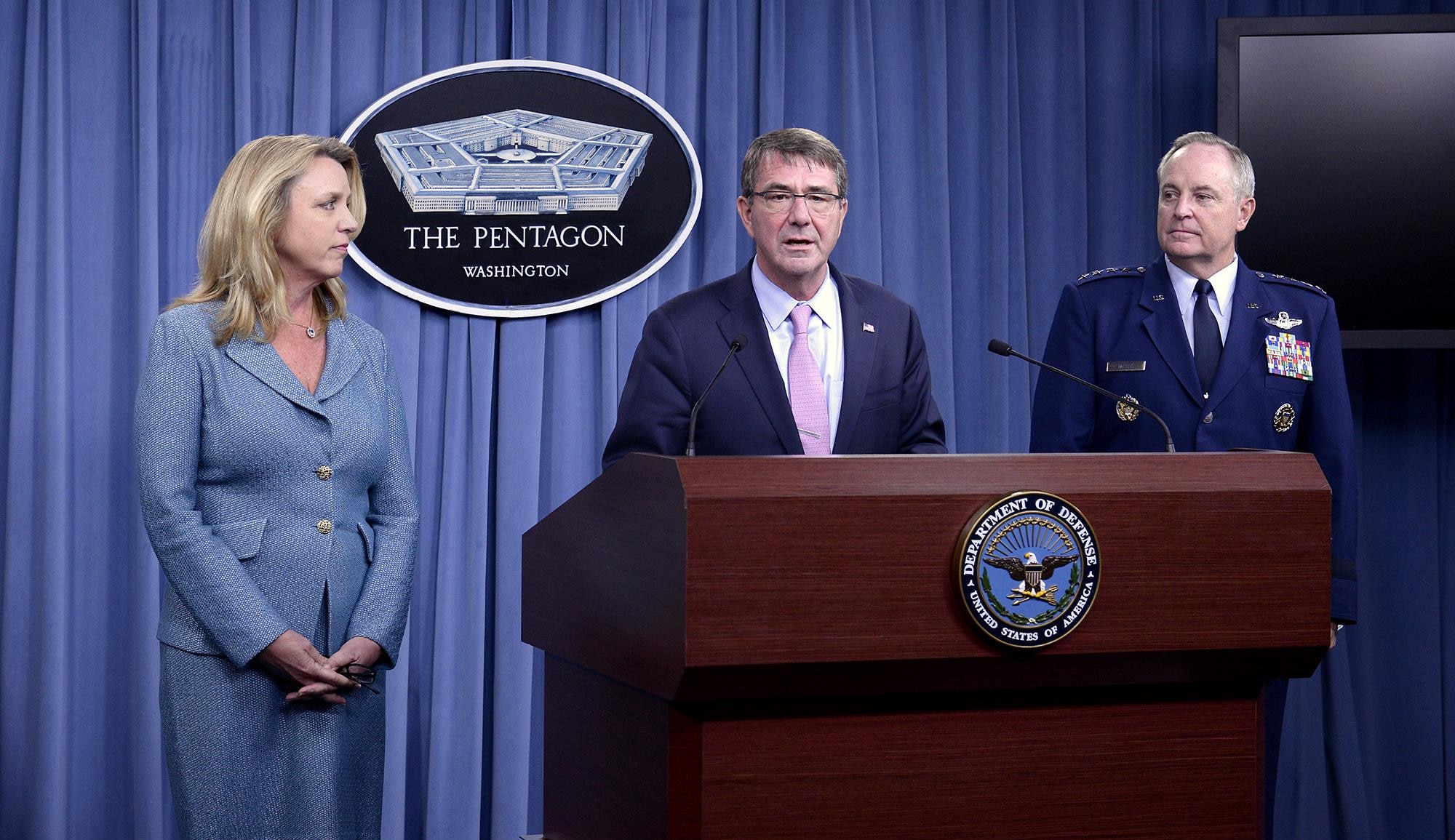 Secretary of Defense Ashton Carter introduces Secretary of the Air Force Deborah Lee James and Air Force Chief of Staff Gen. Mark A. Welsh III, during a press briefing to announce the award of the long range strike bomber contract in the Pentagon, Oct. 27, 2015.  During her comments, James stated that we need to invest the right people, technology, capability, and training to defend the nation and its interest--always with affordability and tight budgets in mind.   (U.S. Air Force photo/Scott M. Ash)