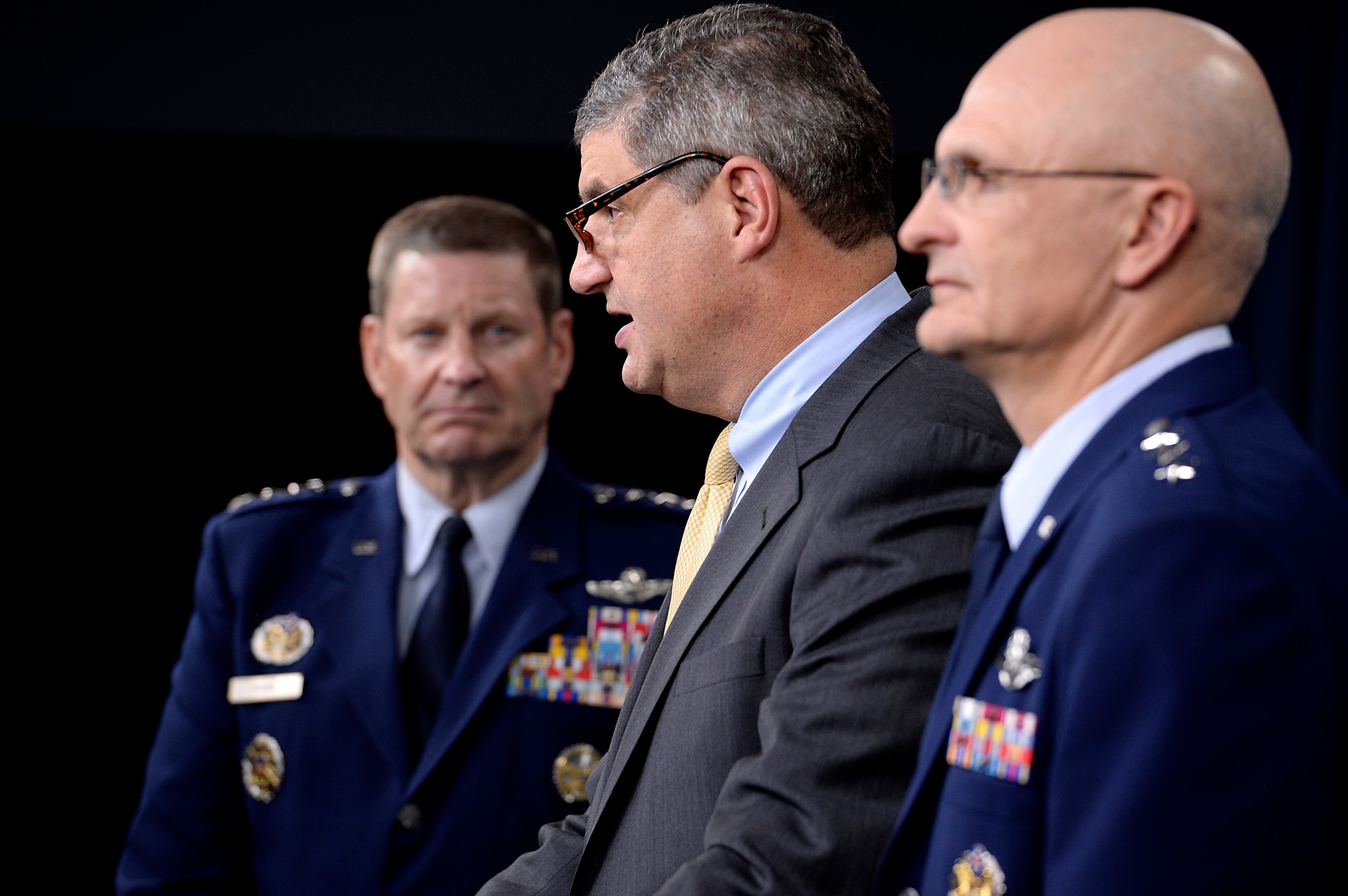 Dr. Bill LaPlante, the assistant secretary of the Air Force for acquisition, answers questions after Secretary of the Air Force Deborah Lee James and Air Force Chief of Staff Gen. Mark A. Welsh III announced he award of the long range strike bomber contract in the Pentagon during a press briefing, Oct. 27, 2015.  With LaPlante are Gen. Robin Rand, commander of Air Force Global Strike Command, and Lt. Gen. Arnold Bunch Jr., the military deputy for the Office of the Assistant Secretary of the Air Force for Acquisition.  (U.S. Air Force photo/Scott M. Ash)