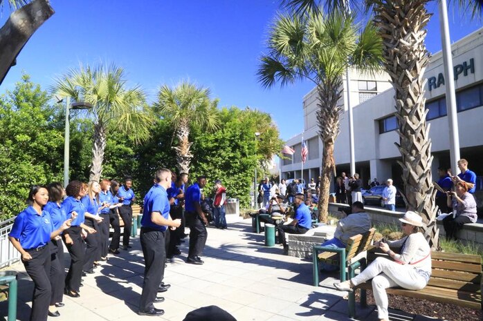 Members of Tops in Blue perform in the front courtyard of the Charleston VA Medical Center, Charleston, S.C., Oct. 21, 2015. Tops in Blue is an all active duty U.S. Air Force Expeditionary Entertainment Unit composed of 35 to 40 talented vocalists, musicians, dancers and technicians. It is one of the oldest and most widely traveled entertainment groups of its kind. (Courtesy Photo)