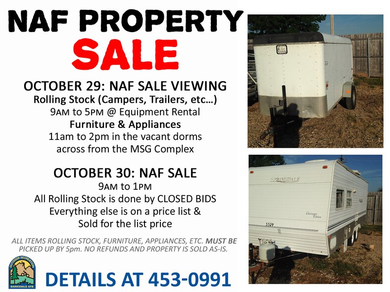 Barksdale’s 2nd Force Support Squadron Non-appropriated funds will be holding a surplus inventory sale Oct. 30, from 9 a.m. to 1 p.m. at building 745 and Outdoor Recreation. This sale will offer a variety of items ranging from new to used. Customers will find campers, dressers, nightstands and stoves. (Courtesy Graphic)