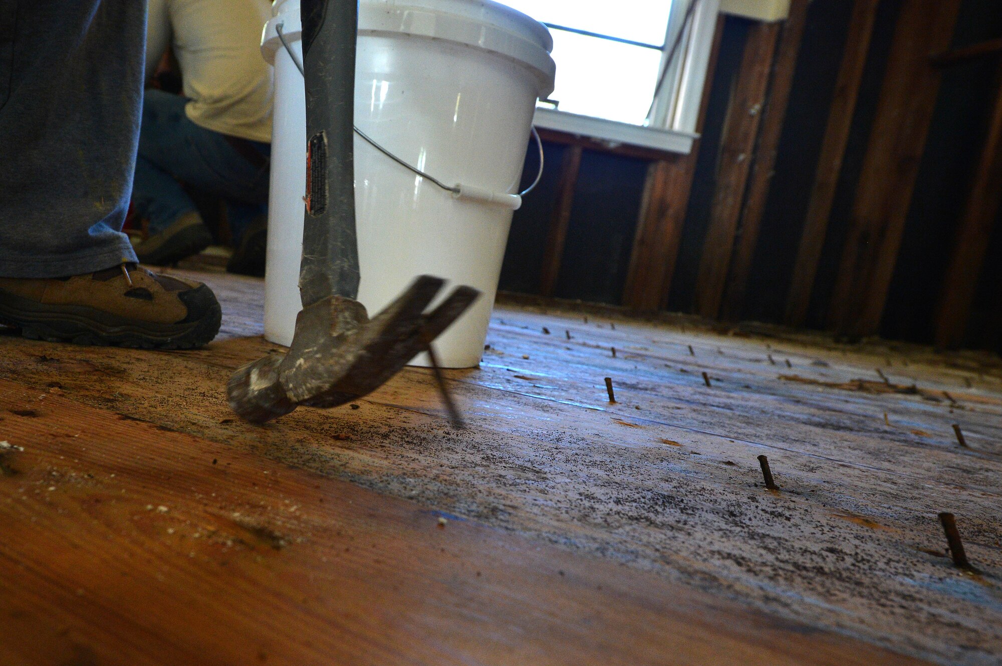 A disaster relief volunteer pulls a nail out of the subfloor of a house affected by the flood in Sumter, S.C., Oct. 19, 2015. The main focus for volunteers from Shaw Air Force Base, S.C., and the Southern Baptist Convention disaster relief team from Kentucky was to remove the mold from the house, including in the wood floors, and to kill any remaining mold preventing new mold from growing. (U.S. Air Force photo by Senior Airman Diana M. Cossaboom/Released)