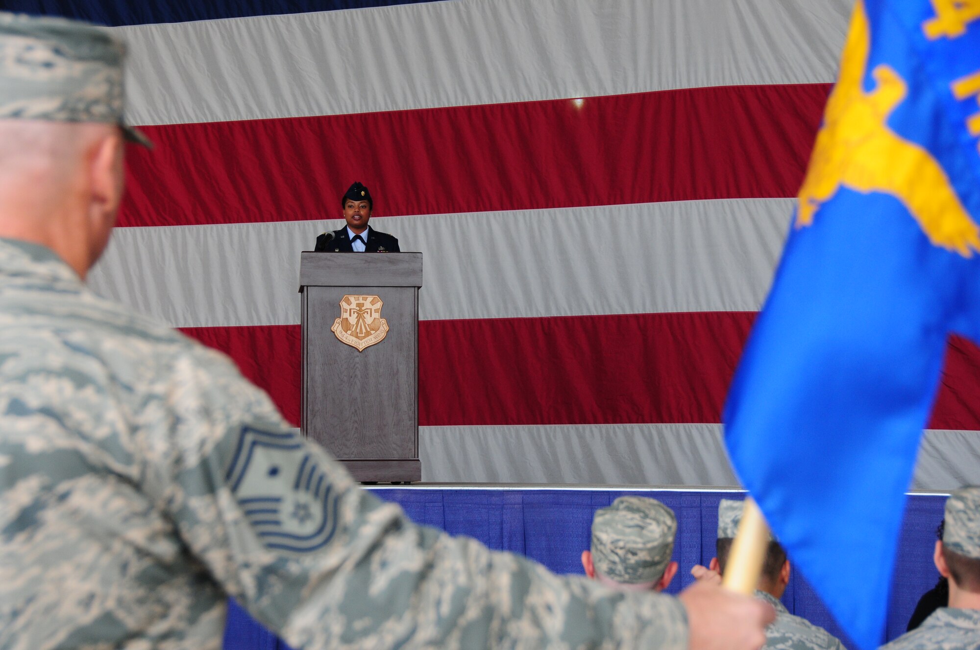 Maj. Melissa Greene, 944th Force Support Squadron commander, speaks before her fellow squadron members during an assumption of command ceremony Oct. 25, 2015 at Luke Air Force Base. Greene said the squadron's greatest asset is people. (U.S. Air Force photo by Staff Sgt. Nestor Cruz)