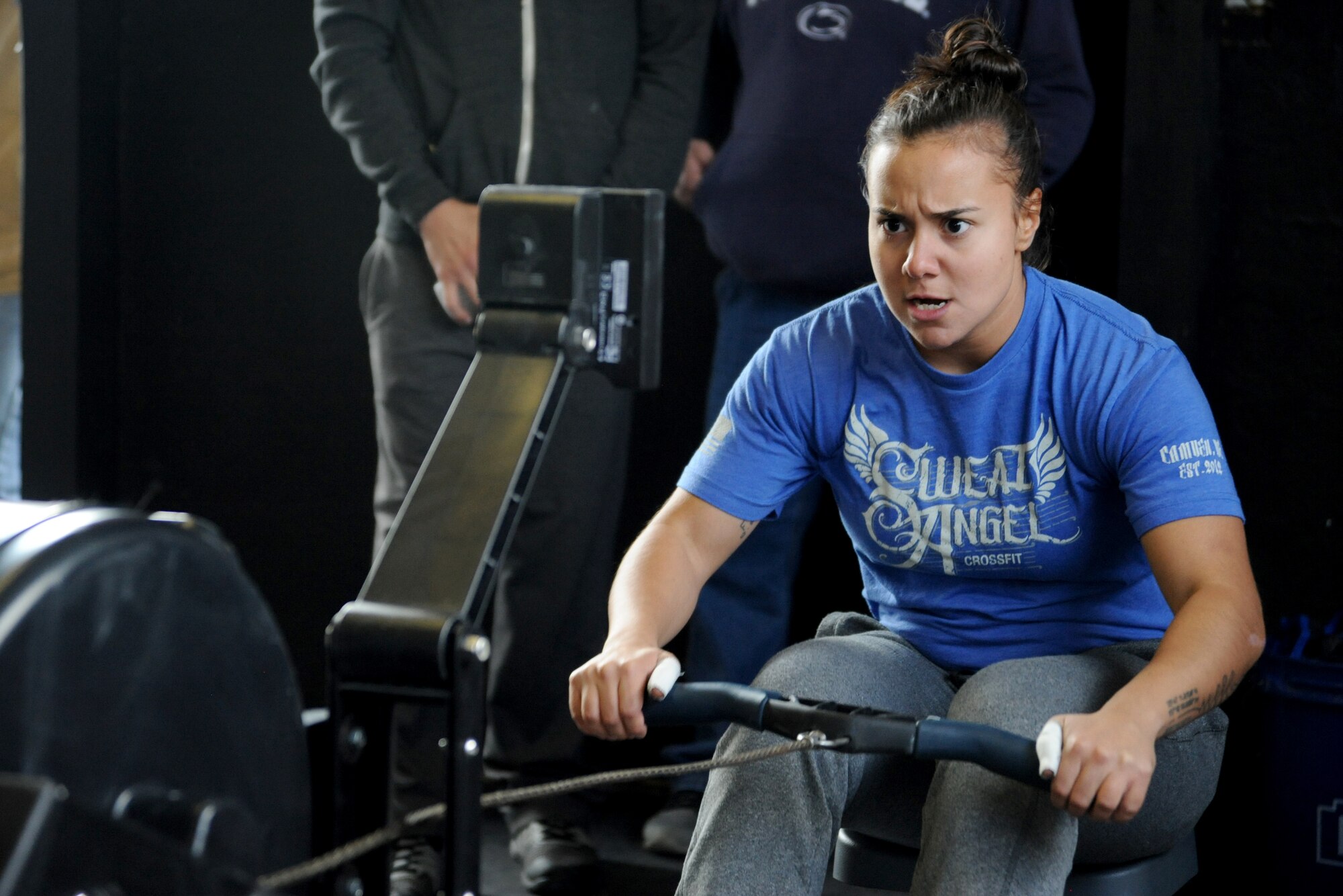 Airman 1st Class Karla Montes, 436th Dental Squadron dental assistant, performs rows during the team portion of the Eastern Shore Affiliate Challenge Oct. 17, 2015, in Georgetown, Del. Montes was selected to compete in the team challenge based on her individual scores throughout the competition. (U.S. Air Force photo/Staff Sgt. Elizabeth Morris)