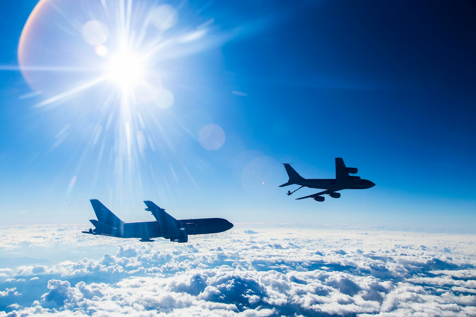 A KC-135 Stratotanker from Fairchild Air Force Base and several other units, including the 412th Test Engineering Group and the 416th Flight Test Squadron and the 370th Flight Test Squadron from Edwards AFB, are providing support for Fuel Onload Fatigue testing of the KC-46 Pegasus aerial refueling aircraft. The first KC-46 arrived at Edwards AFB Oct. 15. (U.S. Air Force photo/Christopher Okula)