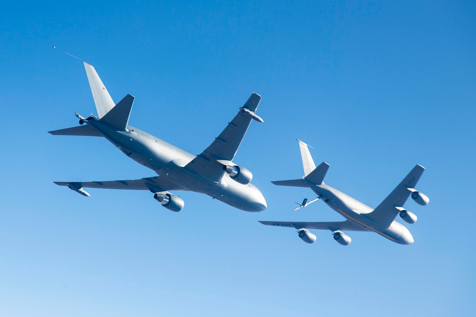 A KC-135 Stratotanker from Fairchild Air Force Base prepares to refuel a KC-46 Pegasus, with the KC-46 program's first test aircraft, a Boeing 767-2C (EMD-1). While the KC-46's role is to refuel other aircraft, it may need to refuel from other tankers, such as the KC-10 Extender or KC-135 to expand its range. Fuel Onload Fatigue testing is the first look at the KC-46 acting in that role. (U.S. Air Force photo/Christopher Okula)